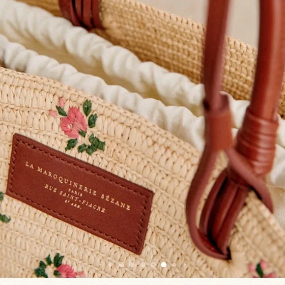 Sezane Justine Embroidered Floral Raffia basket tote Bag - Picture 2 of 3